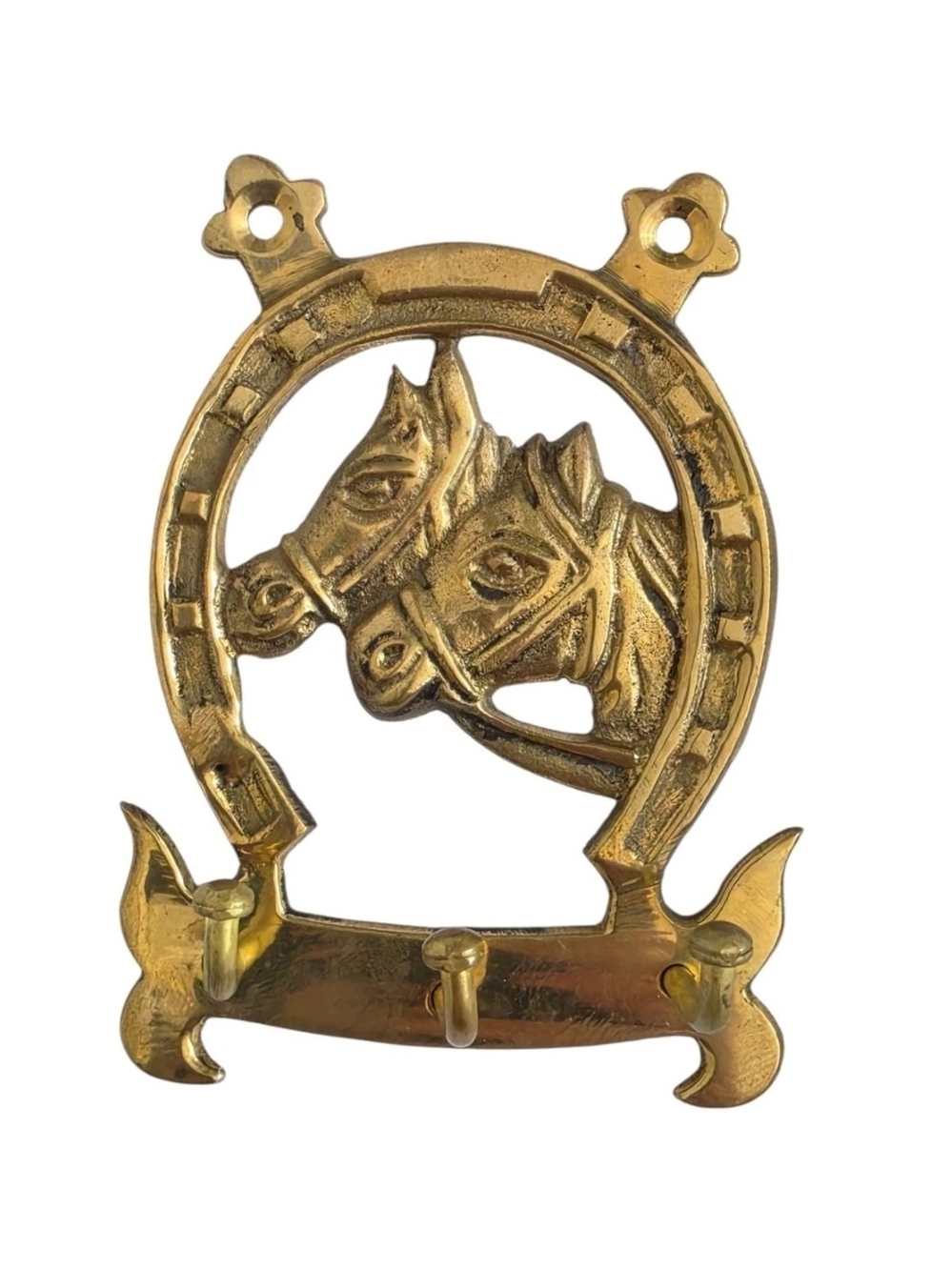 Vintage Horseshoe Double Horse Head Wall Key Holder 3 Hooks Equestrian Country